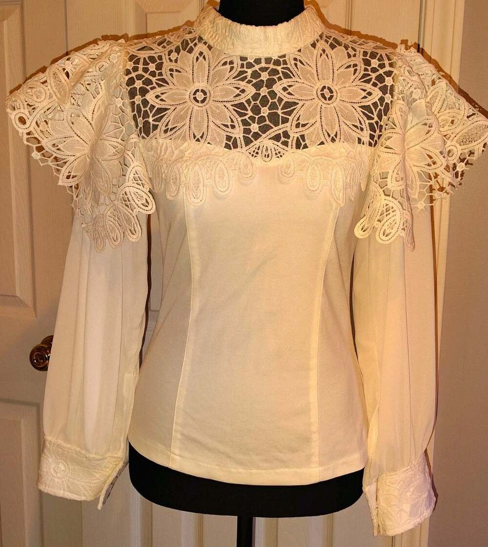 Favecros Floral Lace High Neck Long Sleeve Blouse White Sheer Yoke Zip Size L
